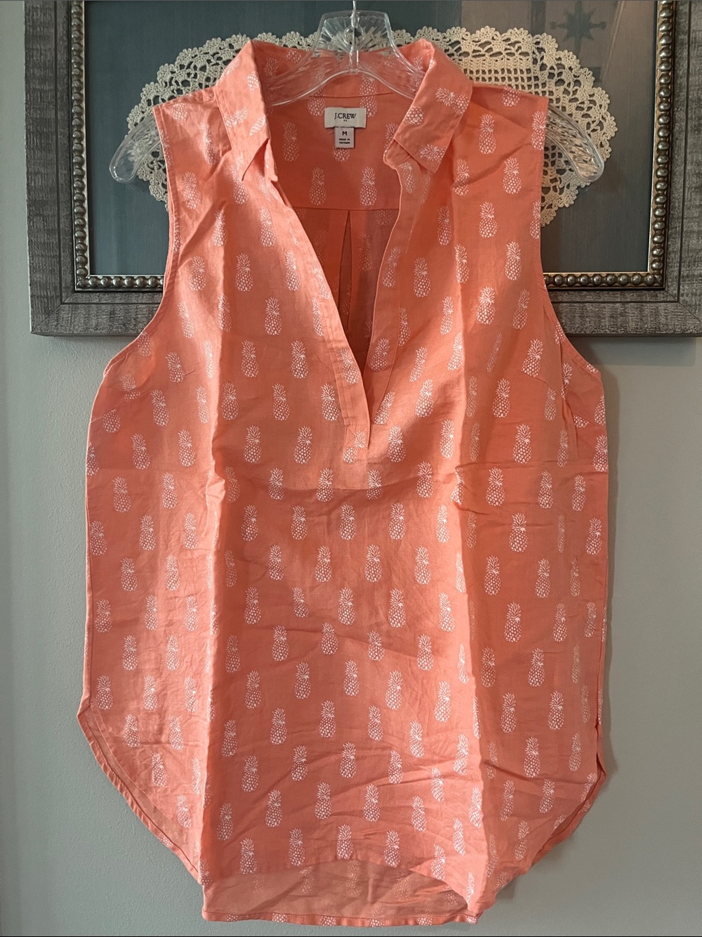 J. Crew Coral Pineapple-Print Sleeveless Collared Top